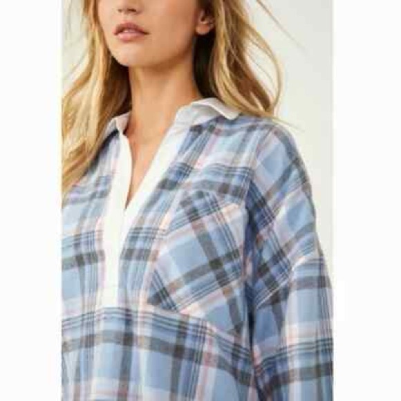 FP Sunday morning, sleep shirt, light blue flannel pop over polo collared top S - Picture 11 of 15